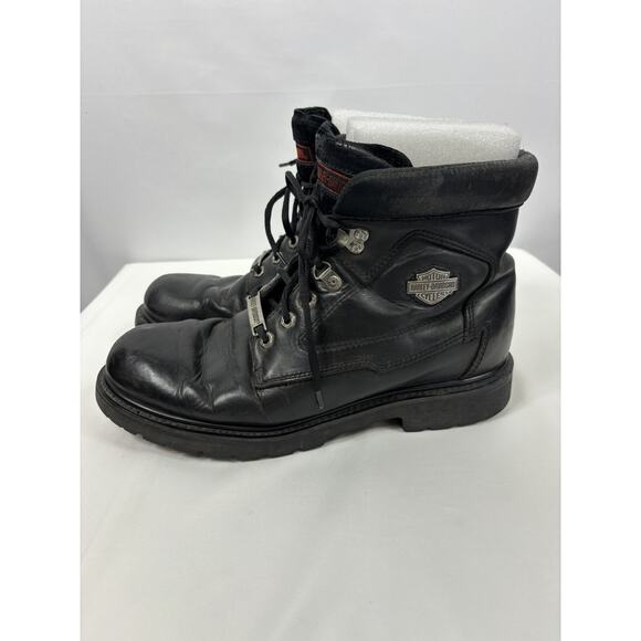 Harley Davidson Lace Up Ankle Boots Black Leather 11.5 Lug Sole Pewter Logo - Picture 3 of 11